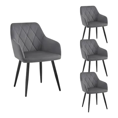 Four gray velvet dining chairs with diamond tufting and black metal legs are displayed against a white background. One chair is shown in full on the left, and three are stacked vertically on the right.