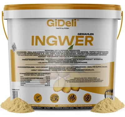 Immagine prodotto di Polvere di zenzero, 10 kg. Zenzero macinato, prodotto naturale, ideale per tè, frullati e bevande vegane. Marca: GiDeli
