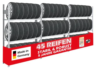 Produktbild von Reifenregal TIRE PRO Germany | Komplettregal | HxBxT 200x390x43cm | 150kg Fachlast | bis zu 45 Reifen auf 3 Ebenen | Verzinkt