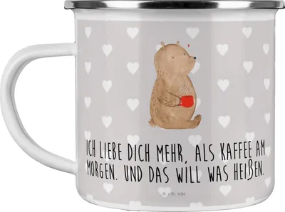 Produktbild von Mr. & Mrs. Panda Pott Bär Morgenkaffee - Grau Pastell - Geschenk, Freundin, Emaille Tasse, für Frauen, Hochzeitstag, Freund, Valentinstag, Teetasse, Campingbecher, Haferl