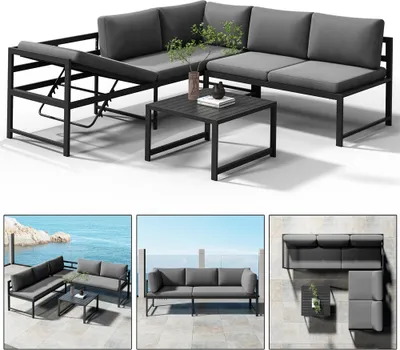 Produktbild von Mucola Sitzgruppe Aluminium Lounge Ecksofa mit Liegefunktion wetterfest Grau Tisch Gartengarnitur Terrassenmöbel - Anthrazit