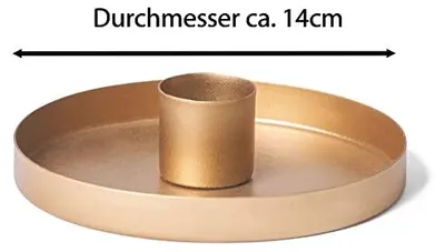 Imagen del producto de Soporte para velas tipo candelabro, redondo, de metal, diámetro 14 cm. Plato decorativo dorado, ideal para decoración navideña. Soporte para velas, adorno para el calendario de Adviento, estilo escandinavo y elegante. Plato para velas, para velas de mesa. Soporte para velas, sujetador para velas