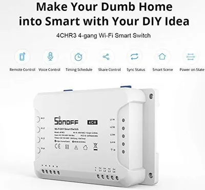 Produktbild von Sonoff 4ChR3 4-Gang Wi-Fi Smart Switch, 3 Arbeitsmodi Selbstverstärkung, Verriegelungsmodus, ferngesteuerte Garagentorrollenläden, arbeitet Alexa.