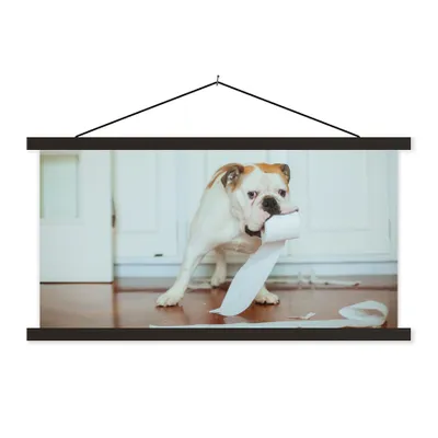 Produktbild von MuchoWow® Textilposter Hund spielt mit Toilettenpapier 150x75 cm mit schwarzem Rahmen - Posterleiste