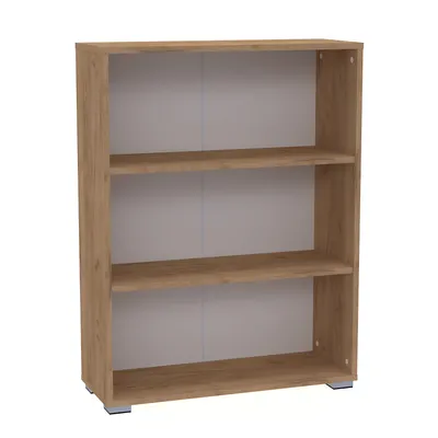 A three-shelf bookcase with a wood-grain finish is shown against a white background.