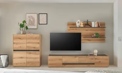 Produktbild von Wohnwand Eiche 340 cm 3-teilig Nr 16 mit Beleuchtung Boston