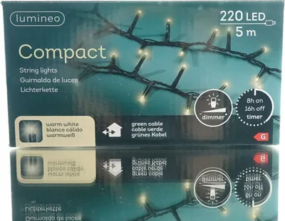 The image shows the packaging of Lumineo Compact string lights.
