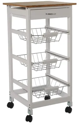 Image de Chariot de service de cuisine en bois avec roulettes, blanc, 37 x 37 x 76 cm