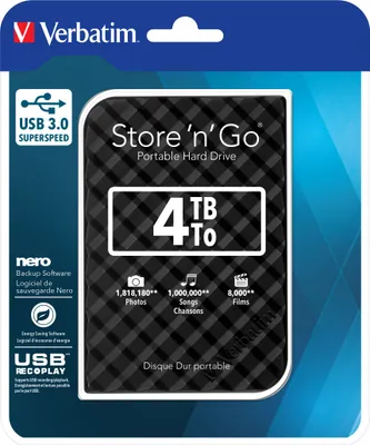 The image shows the retail packaging of a Verbatim portable hard drive.
