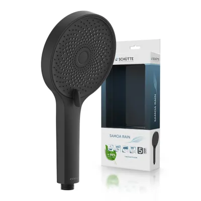 A black hand shower and its packaging are displayed against a white background.