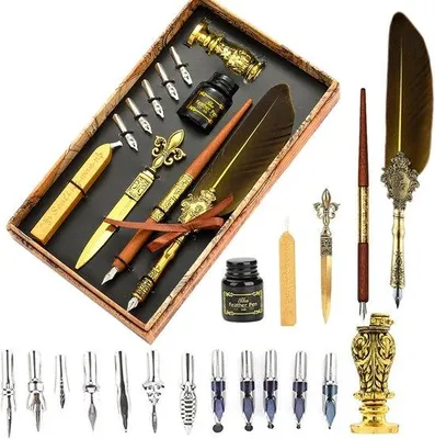 Produktbild von Famanu Kalligrafie Quill Pen Inktset - Dip Pen, Siegelwachs und Siegelstempel