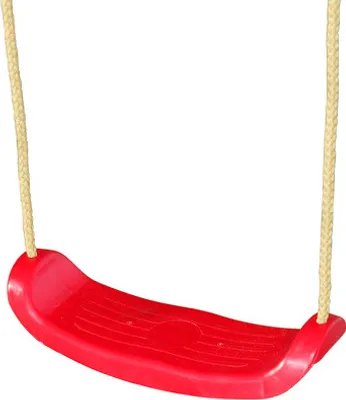 A red swing seat with beige ropes against a white background.