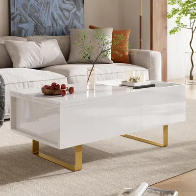 Produktbild von STILVORA Couchtisch mit Höhenverstellung und Stauraum, Wohnzimmertisch mit Schublade und Hochglanzoberfläche, Kaffeetisch mit Eisenfüßen aus MDF