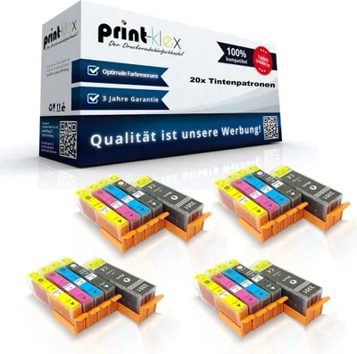 A product box and multiple ink cartridges are displayed.