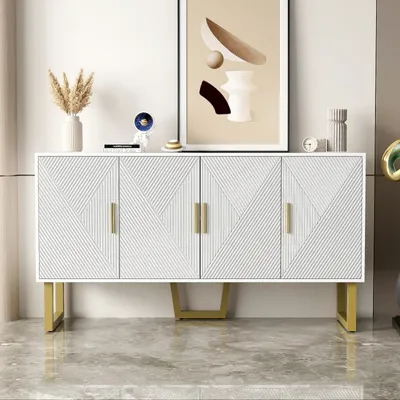 Immagine prodotto di Credenza Fortuna Lai 150 cm con ante laccate e maniglie dorate, design a 4 ante, ripiani regolabili in altezza, bianco