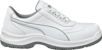 A side view of a white Puma safety shoe with gray accents.