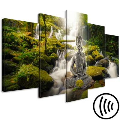 Produktbild von Akustikbild Buddha 200x100 cm Bilder Akustikschaum Hochleistungsschallabsorber Schallschutz Leinwand 5 tlg Wandbild Raumakustik Schalldämmung Wasserfall Zen p-C-0034-b-n