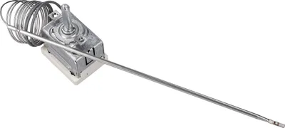 A close-up studio shot of a metal thermostat with a coiled wire and a long metal probe, isolated on a white background.