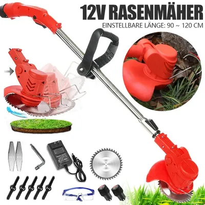 Produktbild von Elektrischer Rasentrimmer - Unkrautmäher - 650 W - 3 Wechselklingen - Teleskopstiel 90–120 cm - Schwenkbarer Kopf 90° - 2 x 12-V-Akkus - Leichtes Design