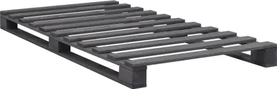 A dark gray wooden pallet bed frame is shown against a white background.