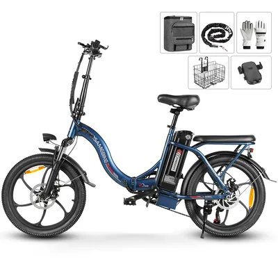 A blue electric bicycle with various accessories displayed in small boxes above it.
