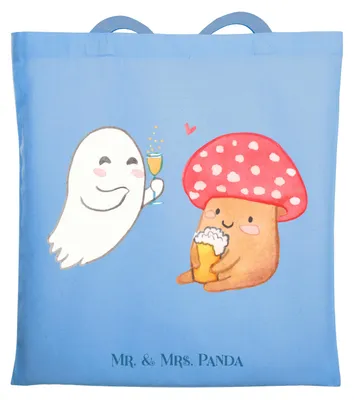 Produktbild von Mr. & Mrs. Panda Tote Bag Gespenst  Prost  - Sky Blue - Geschenk, Pils, Stoffbeutel, Sekt, Jutetasche, Einkaufstasche, Shopping Tasche, Dekoration, Bier, Fliegenpilz