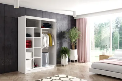 Produktbild von ALTDECOR Kleiderschrank mit Spiegel und Lamel-Schiebetüren, kugelgelagerte Führungsschienen und Aluminium-Leisten - VILO - 150 cm - Weiß/Lamelle Schwarz