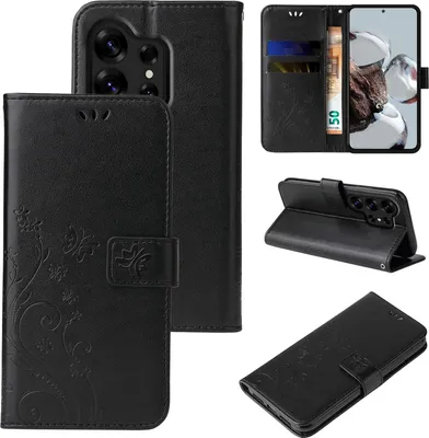 Produktbild von Handyhülle für Samsung Galaxy S26 Ultra Floral Blumen Schmetterling Flip Cover Hülle Case Klapphülle Handytasche Farbe: Schwarz