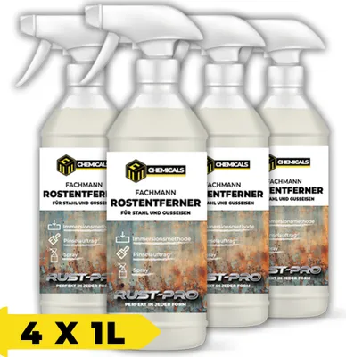 Produktbild von MRM CHEMICALS Rostentferner für Metall, Stahl und Gusseisen Spray 1L Rostlöser für Auto Karosserie Fahhrad Kette Haus Garten, Korrosionsschutzspray x4