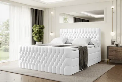 Produktbild von ALTDECOR Boxspringbett mit Fußteil, 2 Matratzen und Topper - 180x200 cm - SERENE-Z KING - Weiß Kunstleder -  Polsterbett mit, H3- und H4- Matratzen, Bettkasten und Lattenrost, Bett mit Stauraum