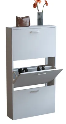 A white shoe cabinet with two open compartments and a closed compartment, displaying shoes and a handbag on top.