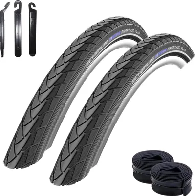 Produktbild von 2 x Schwalbe Marathon Plus Unplattbar mit Reflex in Schwarz 40-622 (28 x 1.50) + 2 Schwalbe Schläuche AV17 inkl. 3 Reifenheber