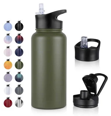 Immagine prodotto di Borraccia in acciaio inossidabile da 1 litro con cannuccia, a prova di perdite, adatta per bevande gassate, priva di BPA, con isolamento a doppia parete sottovuoto, colore verde