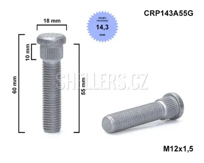 Obrázok produktu pre Skrutka kolesa - čap M12x1,5x55 štvorcový priemer 14,3 mm CRP143A55G dĺžka 60 mm