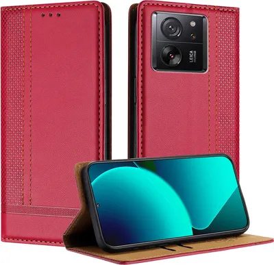Produktbild von Handyhülle für Xiaomi 13T/13T Pro/Redmi K60 Ultra Leder Flip Klappbare Schutzhülle mit Standfunktion Rot