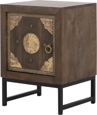 Immagine prodotto di Comodino Adaja - legno massiccio e metallo, 55 cm, stile orientale con decorazioni in ottone