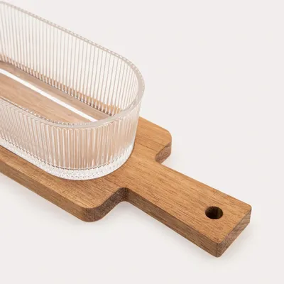Produktbild von HOMLA GIBARA Servierset auf Akazienholzständer mit Glasschalen, 33x8,5x6,5cm 3er-Set
