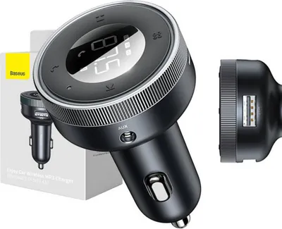 A black car charger with a digital display and USB ports, shown with its packaging.