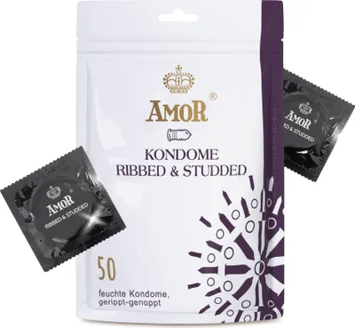 Zdjęcie produktu dla Prezerwatywy AMOR Premium z żłobieniami i wypustkami, 50 sztuk, Ø 54 mm, przezroczyste
