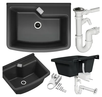 Produktbild von Granitan | Wirtschaftsspüle - VELORA - mit Siphon - Schwarz - 58.5 x 45 cm - für Waschküche und Garage