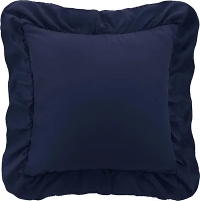 A dark blue decorative pillow with ruffles around the edge, shown from a front view on a white background.