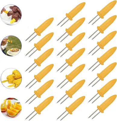 A collection of yellow corn holders with silver prongs, arranged in rows on a white background. Small circular images showing corn on the cob, meat skewers, and sliced fruit are placed in the upper left corner.