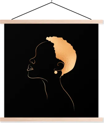 Produktbild von MuchoWow® Textilposter Frau - Schwarz und Gold - Strichzeichnung 120x120 cm mit holzfarbenen Rahmen - Textil-Poster