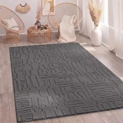 Produktbild von Teppich Wohnzimmer Hochflor Skandi Boho Geometrisch Abstrakt Uni Waschbar Anthrazit Grösse 240x340 cm