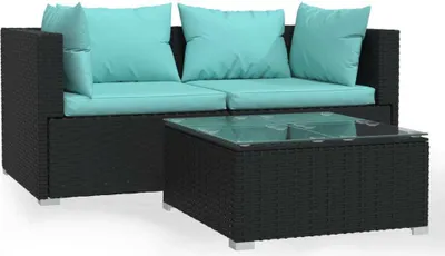 Produktbild von 3-tlg. Garten-Lounge-Set mit Kissen Schwarz Poly Rattan