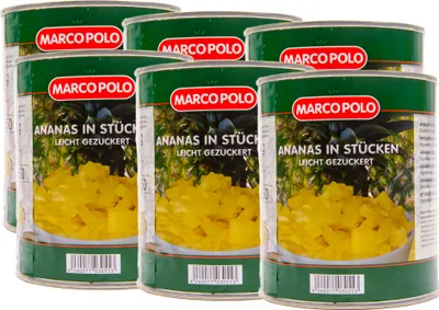 Produktbild von MARCO POLO Ananas in Stücken leicht gezuckert 6 Dosen Füll 825g ATG 490g