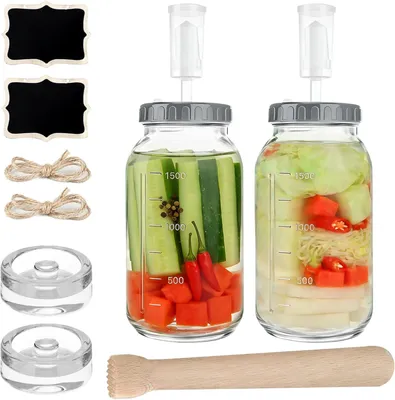 Produktbild von Fermentiergläser 2 L, 2 Stück, mit Gärspund, Gewicht und Holzstampfer, Weithalsöffnung, für Kimchi