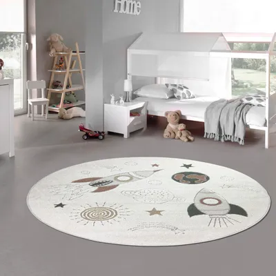 Image de Tapis de chambre d'enfant Planètes étoiles en crème gris beige Taille - 160 cm Rond
