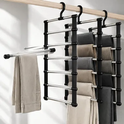 Produktbild von Kleiderbügel 6 Etagen 3 Stück faltbar, platzsparender Hosenbügel aus Edelstahl für Hosen, Jeans und Schals, zusammenklappbar mit hoher Tragkraft, Schwarz