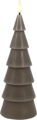 A gray, tiered candle shaped like a Christmas tree with a flickering LED flame on top, isolated on a white background.